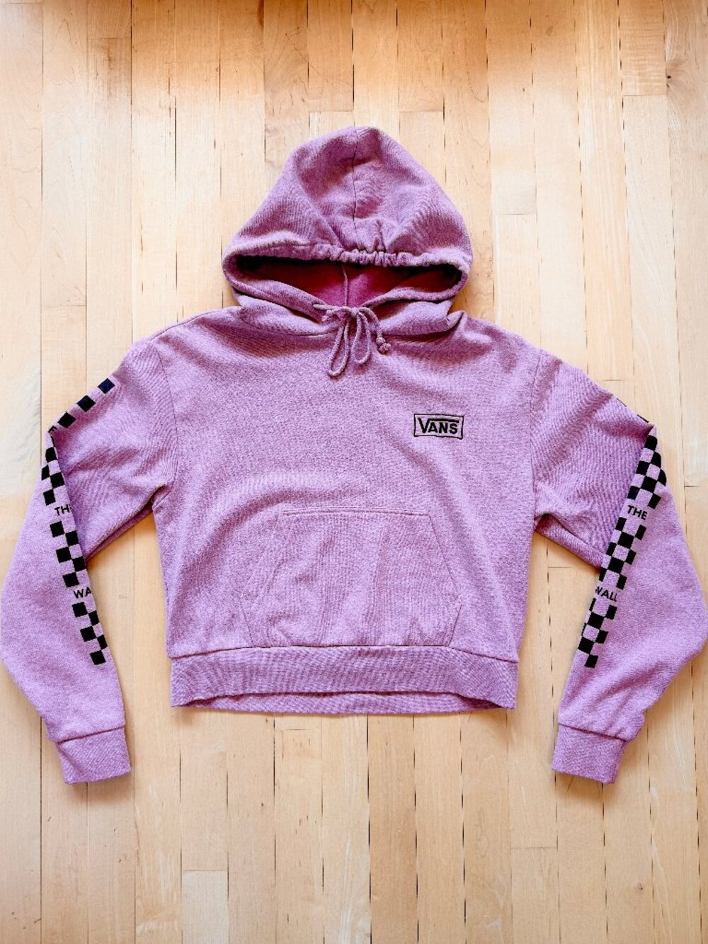 Vans Pastel Pink with Black Checkerboard Design Cropped Pullover Hoodie